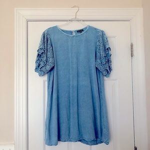 Style Envy Chambray Denim Dress with Eyelet Lace Sleeve Details